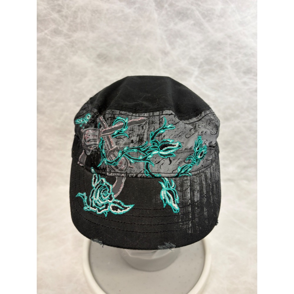 Hot Leathers Black Cadet Hat Teal Rose Embroidery Distressed Biker Military Cap